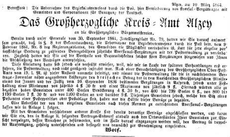  Kreisblatt Alzey vom 10.03.1864 (auch Seiten 5+6) 