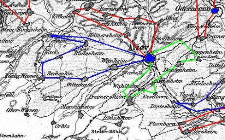  1865: Landpostbotengänge der Postexpedition Alzey 